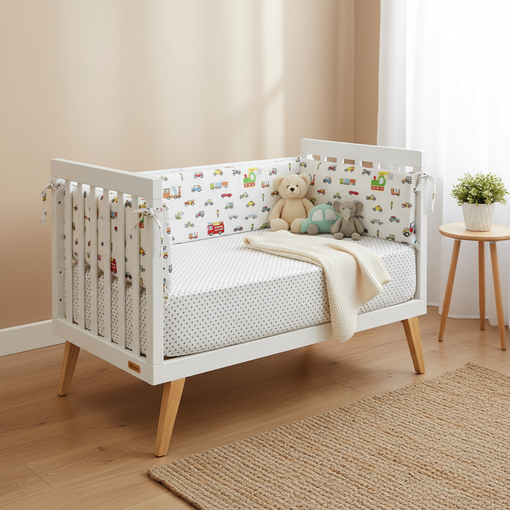Tour de lit bébé motif véhicules dans une chambre bébé décorée