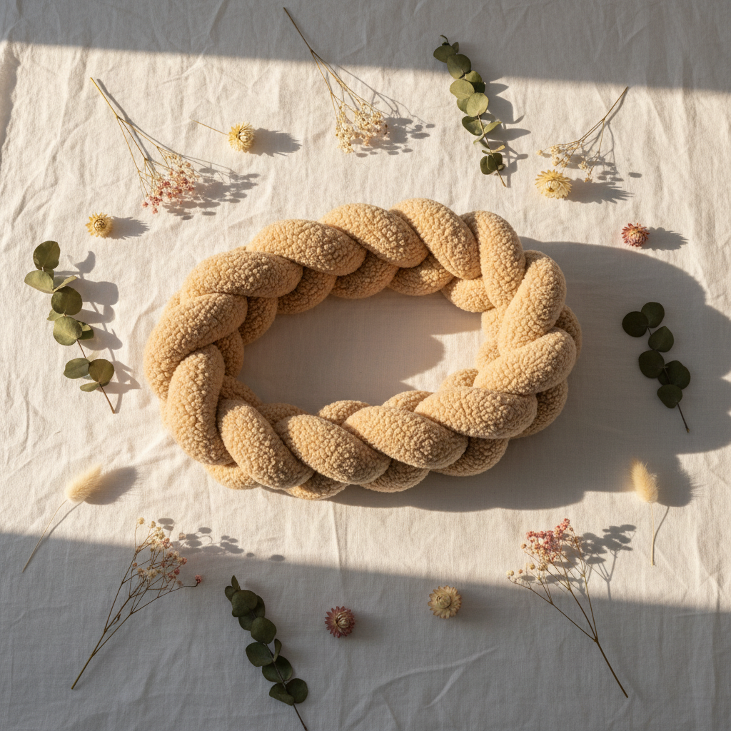 tresse de lit bebe bouclette beige flat lay cadeau fleurs
