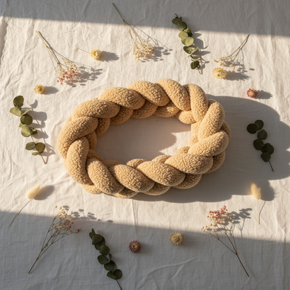 tresse de lit bebe bouclette beige flat lay cadeau fleurs