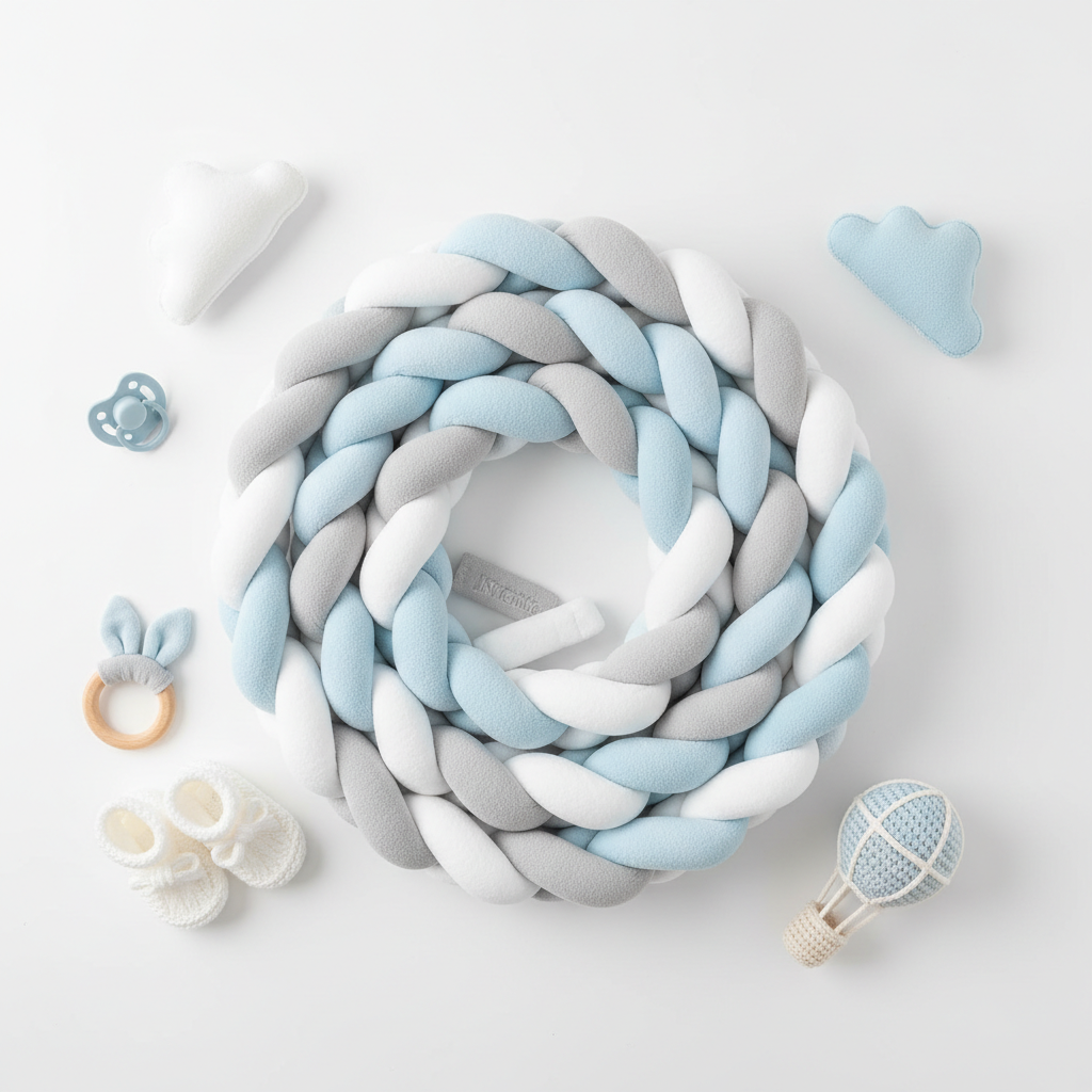 Tresse de lit 4m blanc gris bleu – présentation flat lay