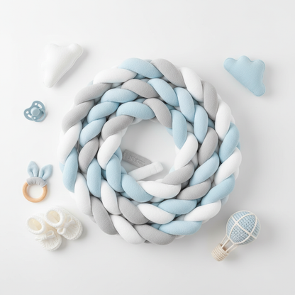 Tresse de lit 4m blanc gris bleu – présentation flat lay