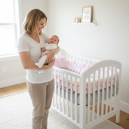 Tresse de lit bébé blanc rose - lifestyle maman et bébé