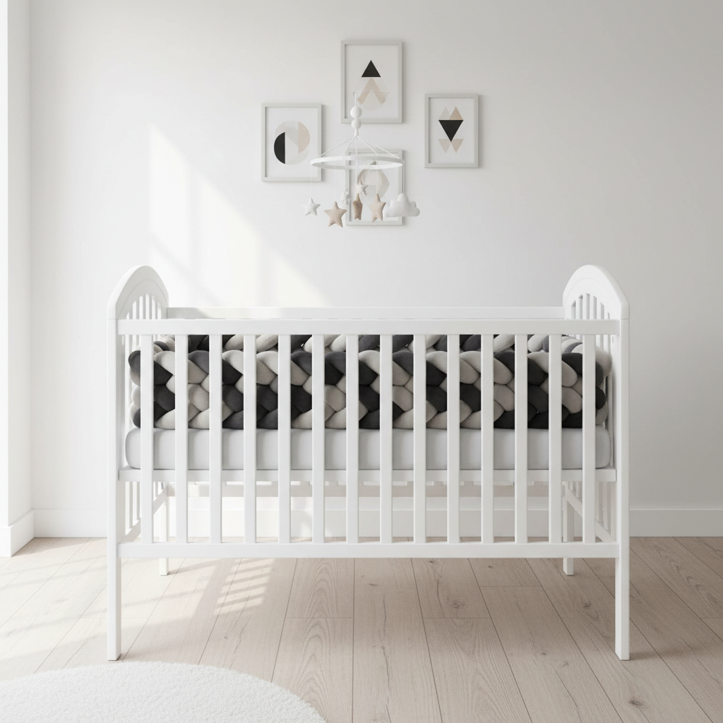 Tresse de lit bébé gris noir face lit barreaux