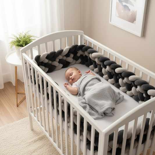 Tresse de lit bébé gris noir lifestyle bébé endormi