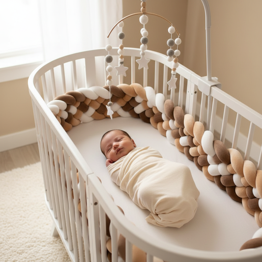 tresse de lit bebe marron beige blanc bebe endormi lit barreaux blanc cocon securisant