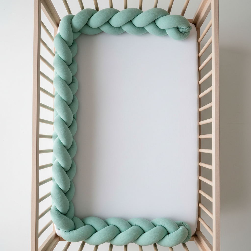 tresse de lit bebe menthe vue dessus lit barreaux blanc
