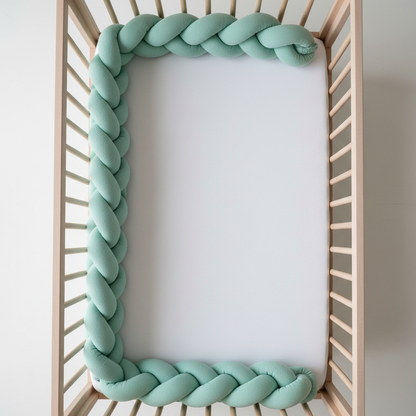 tresse de lit bebe menthe vue dessus lit barreaux blanc