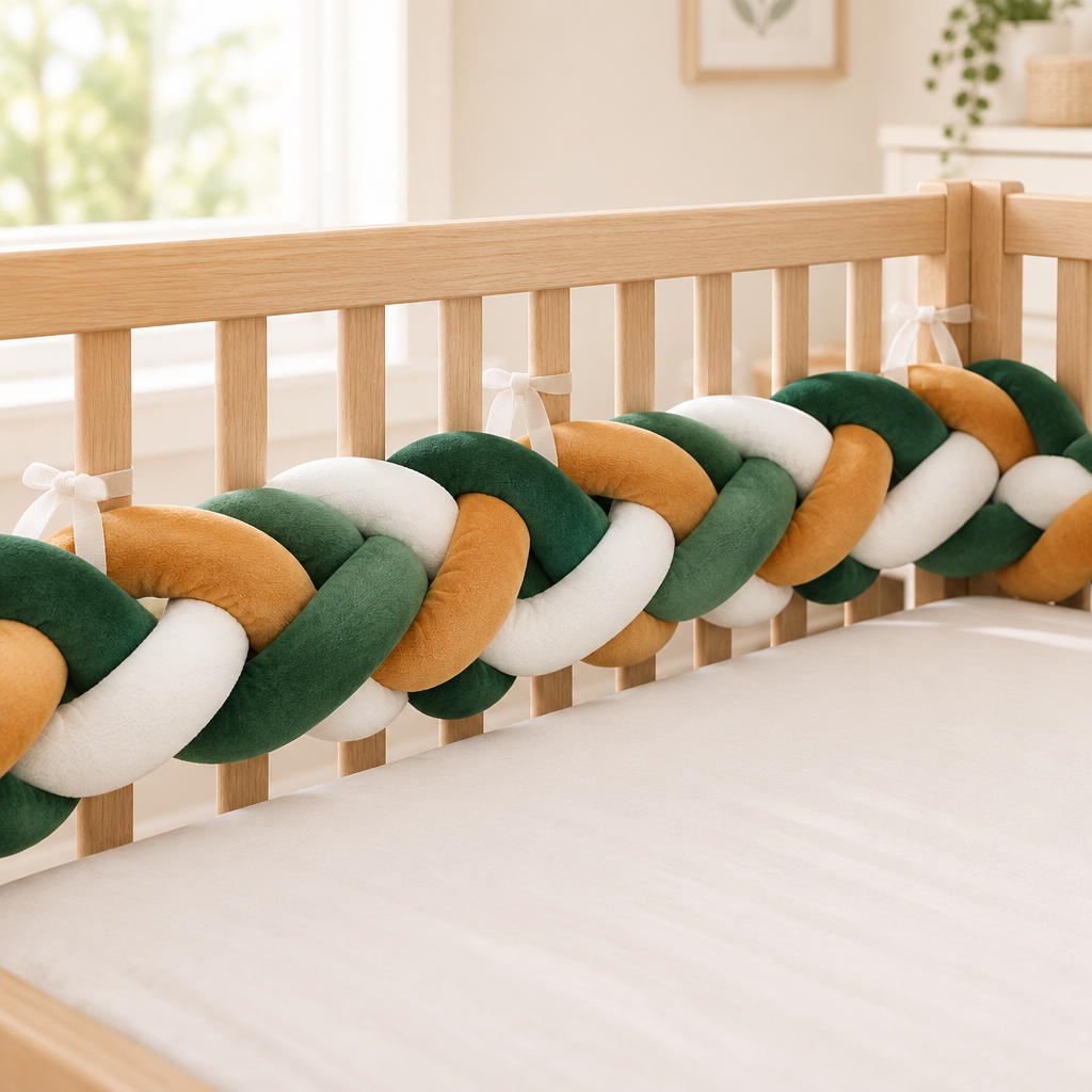 tresse de lit bebe verte creme et ocre 4 m fixee aux barreaux dans une chambre bebe