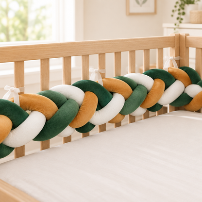 tresse de lit bebe verte creme et ocre 4 m fixee aux barreaux dans une chambre bebe