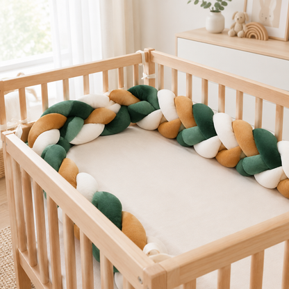 tresse de lit bebe verte creme et ocre 4 m installee dans un lit en bois vide