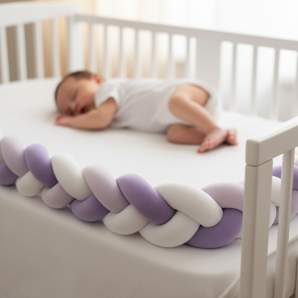 Tresse de lit mauve zoom barreaux bébé endormi