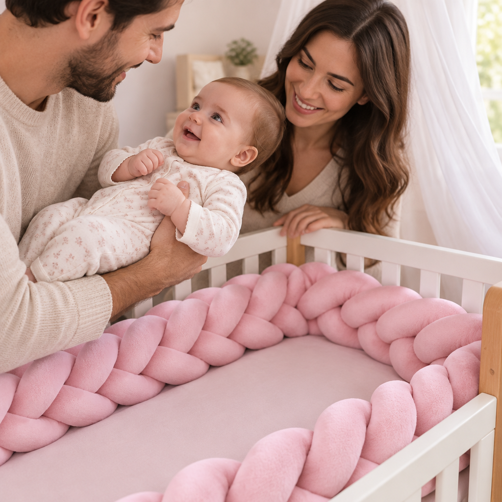 Tresse rose avec bebe dans les bras de son papa