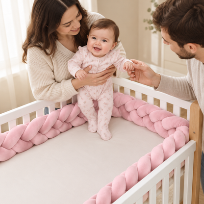Tresse rose et moment en famille autour du lit