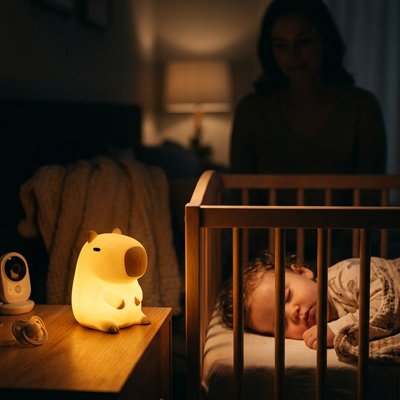 Veilleuse bébé allumee devant bebe
