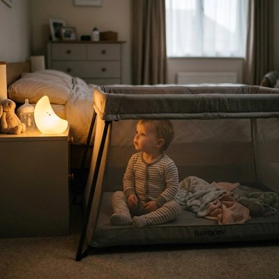 Veilleuse bébé allumee devant le arc avec garçon assis