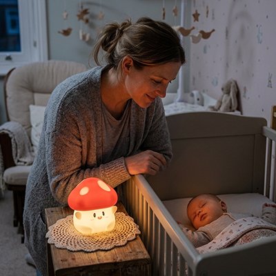 Veilleuse bébé avec maman qui sourit devant bebe
