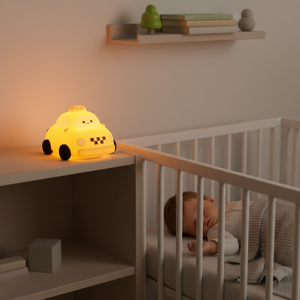 Veilleuse taxi jaune kawaii allumee pres d'un bebe endormi dans un lit blanc, atmosphere douce et apaisante en nursery scandinave