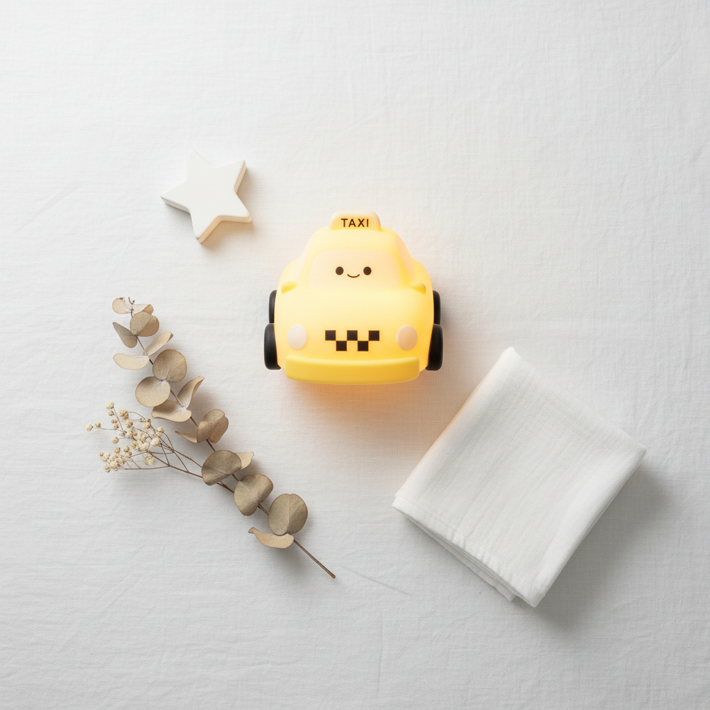 Vue a plat d'une veilleuse taxi jaune kawaii entouree d'une etoile en bois, mousseline et fleurs sechees sur lin blanc