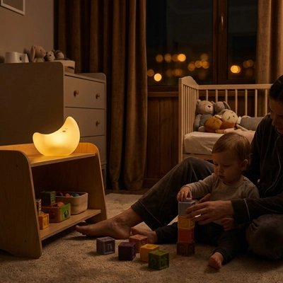Veilleuse bébé posee sur chevet bois