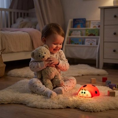 Veilleuse bébé posée sur le tapis