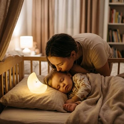 Veilleuse bébé posee sur oreiller maman embrasse son fils