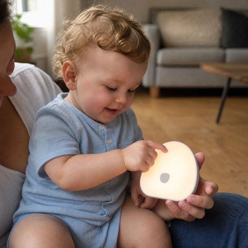 Veilleuse bruit blanc dans mains bebe