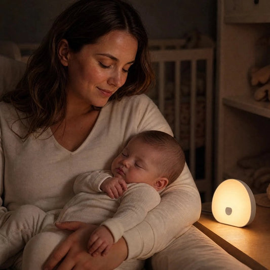 Veilleuse bruit blanc devant bebe dans bras maman