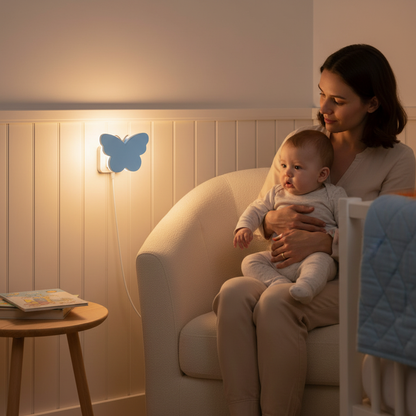 veilleuse papillon bleue pendant la routine du soir