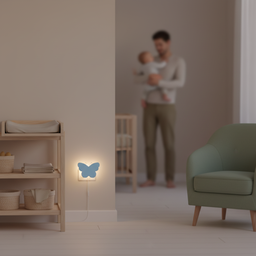 veilleuse papillon bleue pres de la table langer en bois