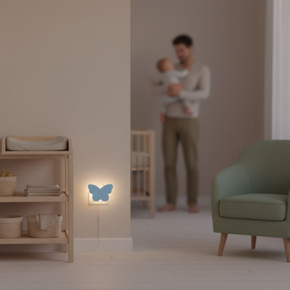 veilleuse papillon bleue pres de la table langer en bois