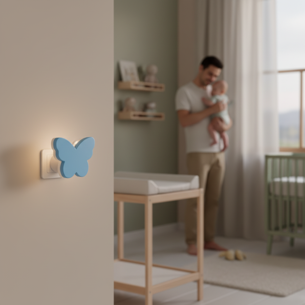 veilleuse papillon bleue pres de la table langer
