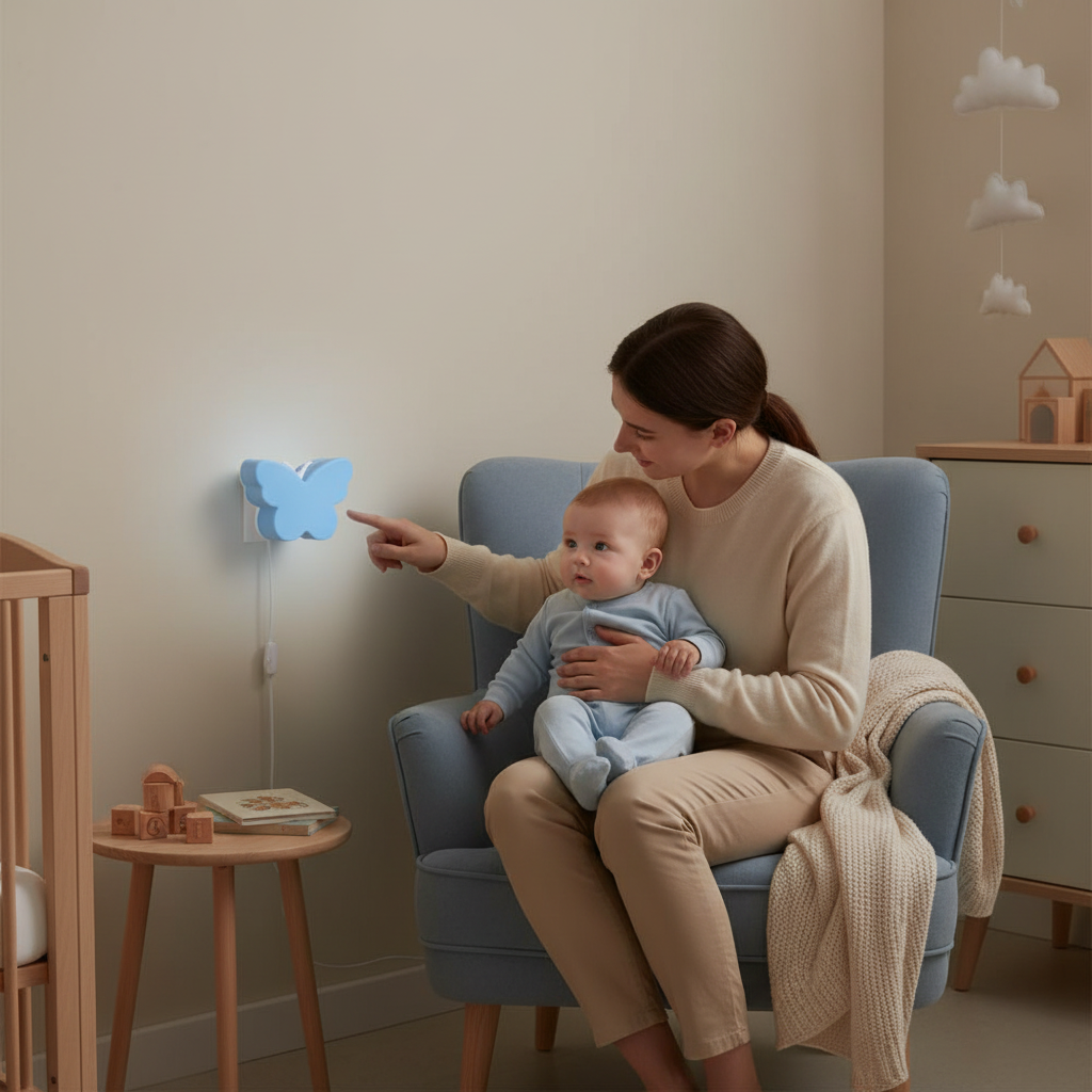 veilleuse papillon pendant un moment calme avec bebe